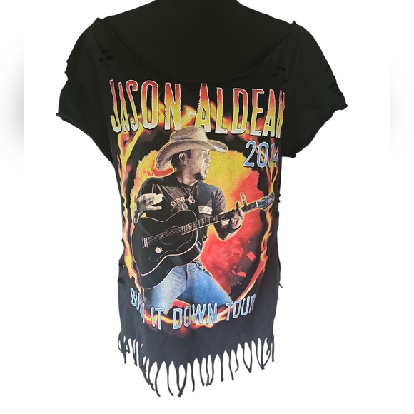 Jason Aldean Upcycled Burn it Down Hand Cut Black Concert T-Shirt Women's Large - Picture 3 of 11